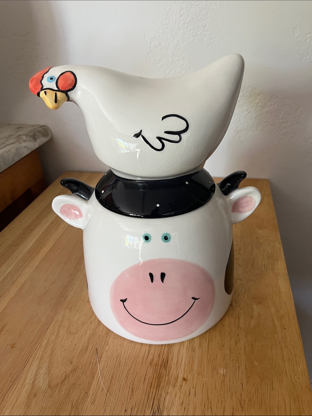 Farmhouse Cow Cookie Jar with White & Pink Chicken Lid
